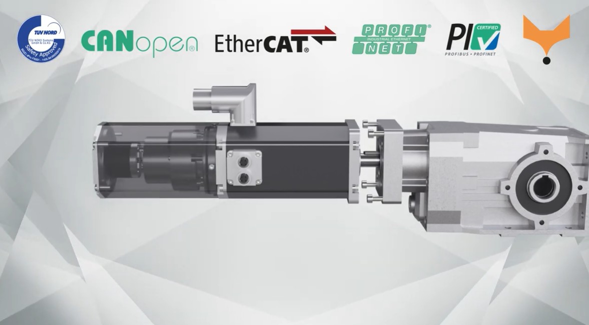 Modular BLDC motor drive system with integrated functional safety, showing brushless DC motor with mounted gearbox and transparent housing section revealing internal components, combined with industrial communication interfaces including CANopen, EtherCAT, PROFINET, and PROFIBUS. The image highlights certified safety architecture, compact modular design, and network‑based integration for safety‑compliant automation, robotics, and industrial motion control applications.