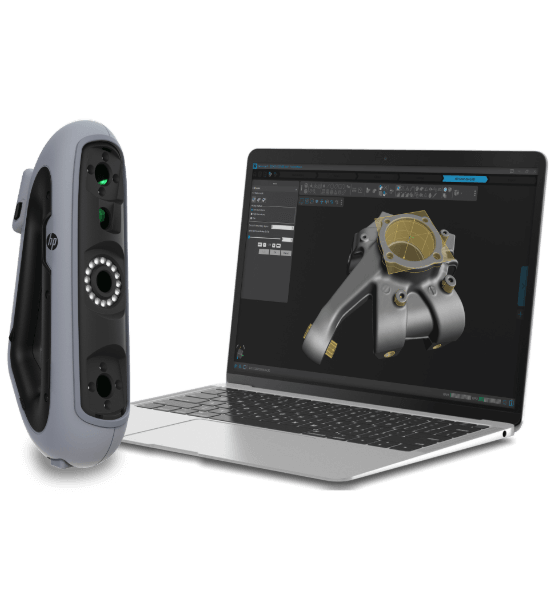HP DesignScan 3D Scanner and laptop running HP Scan-to-CAD software for reverse engineering a mechanical part