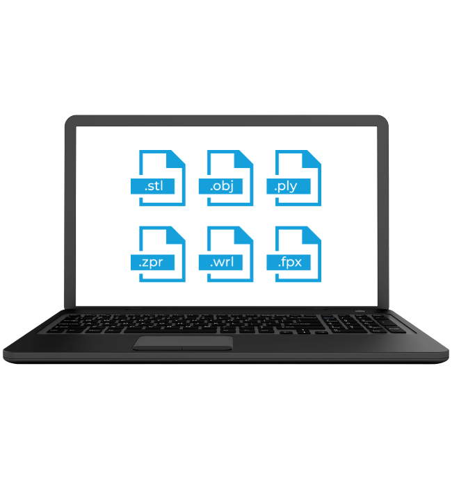 Export the file from HP DesignScan software shown on a laptop screen displaying 3D file format icons including STL, OBJ, PLY, ZPR, WRL, and FPX