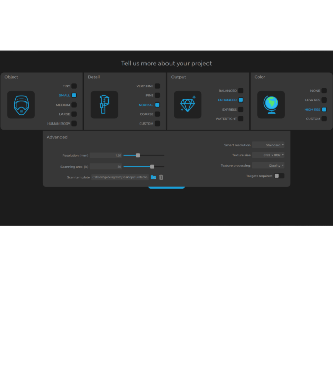 Three software screens displaying 3D models of automotive parts with set scan parameters applied for high-detail inspection and reverse engineering